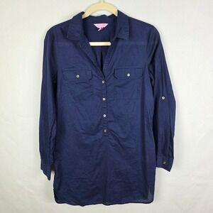 Lilly Pulitzer Navy Blue Cotton Popover Mini Dress Women Small Long Sleeve Beach